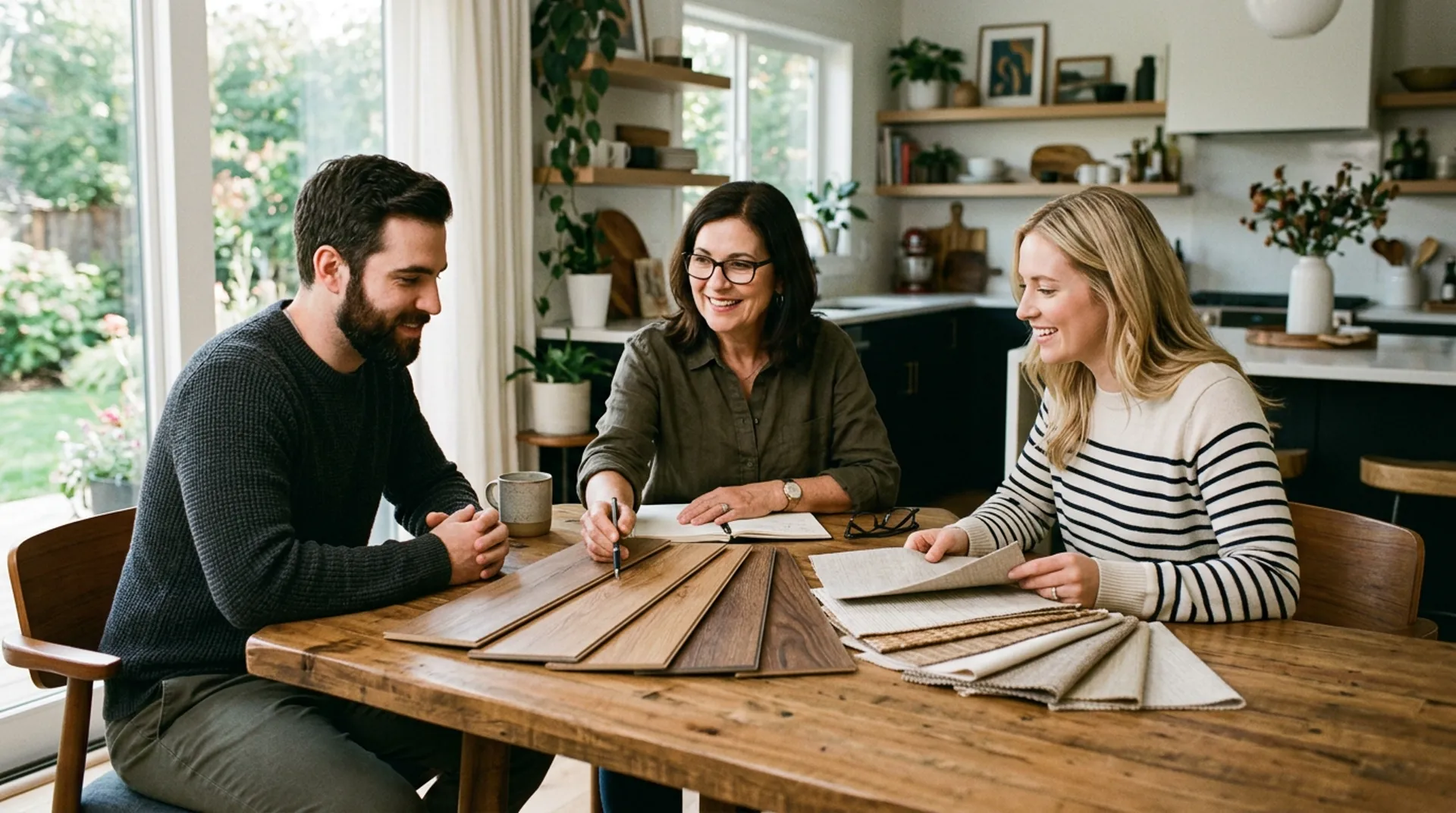 Selecting luxury vinyl plank and tile samples during in-home meeting