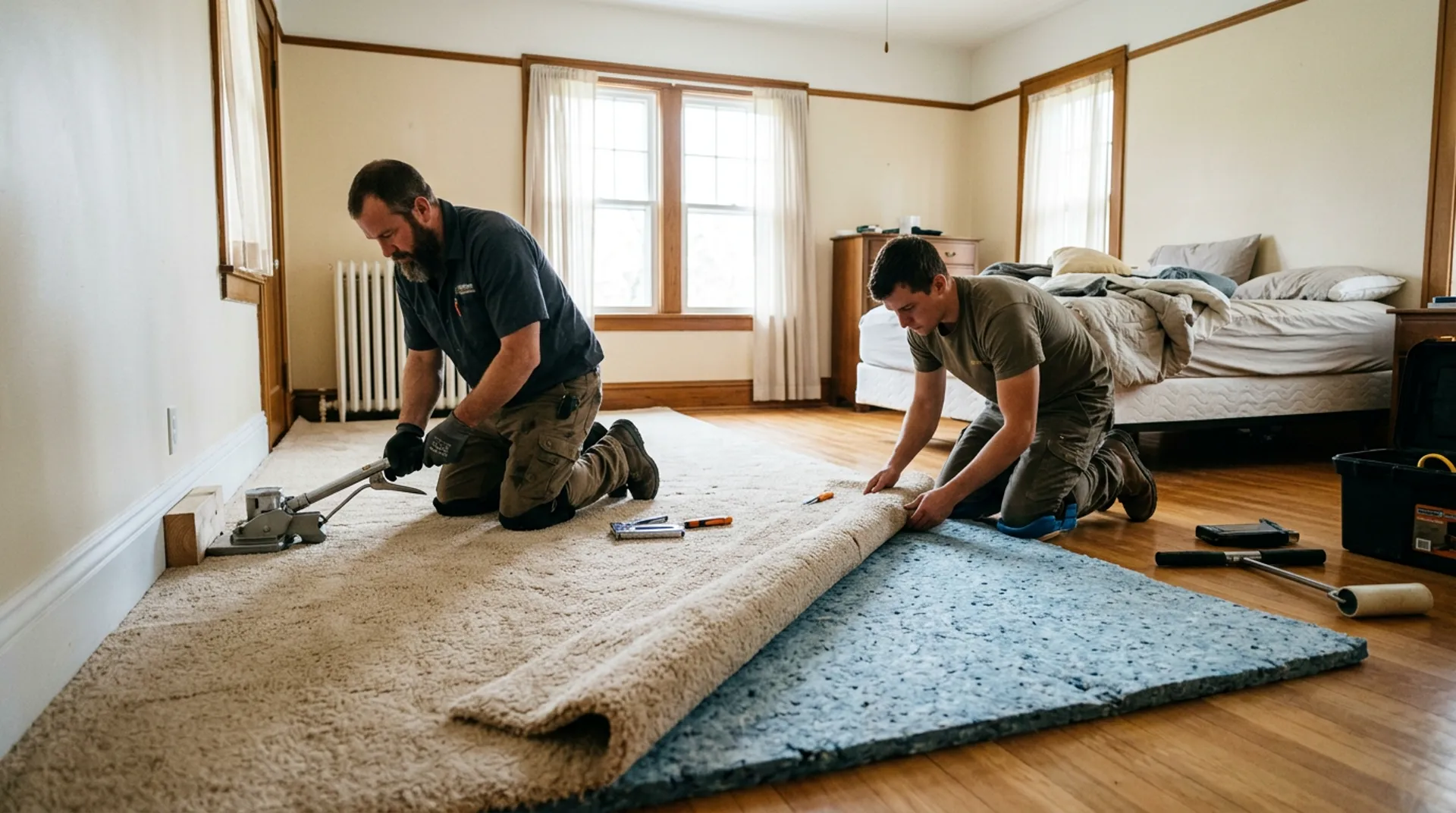 Technicians stretching and installing plush residential carpet