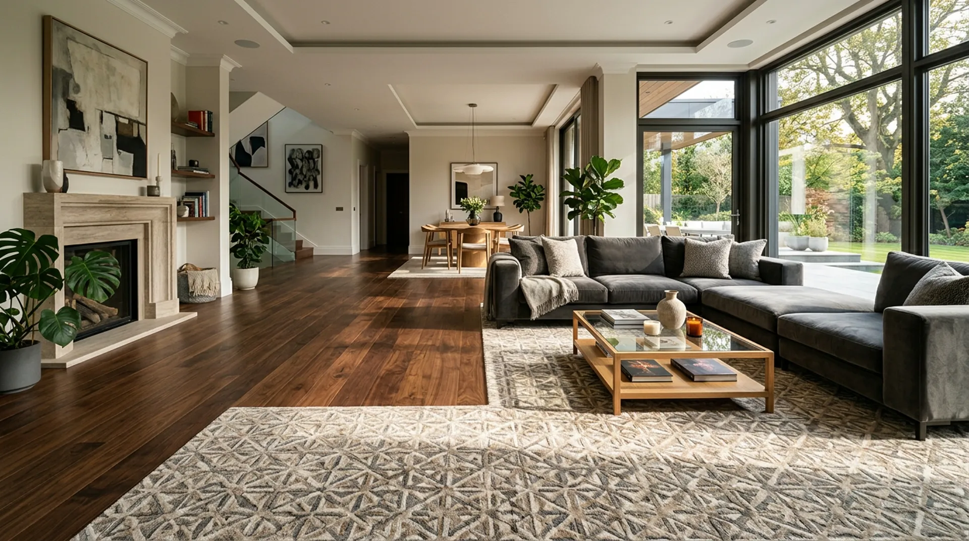 Luxury living room featuring plush carpet and hardwood flooring installation