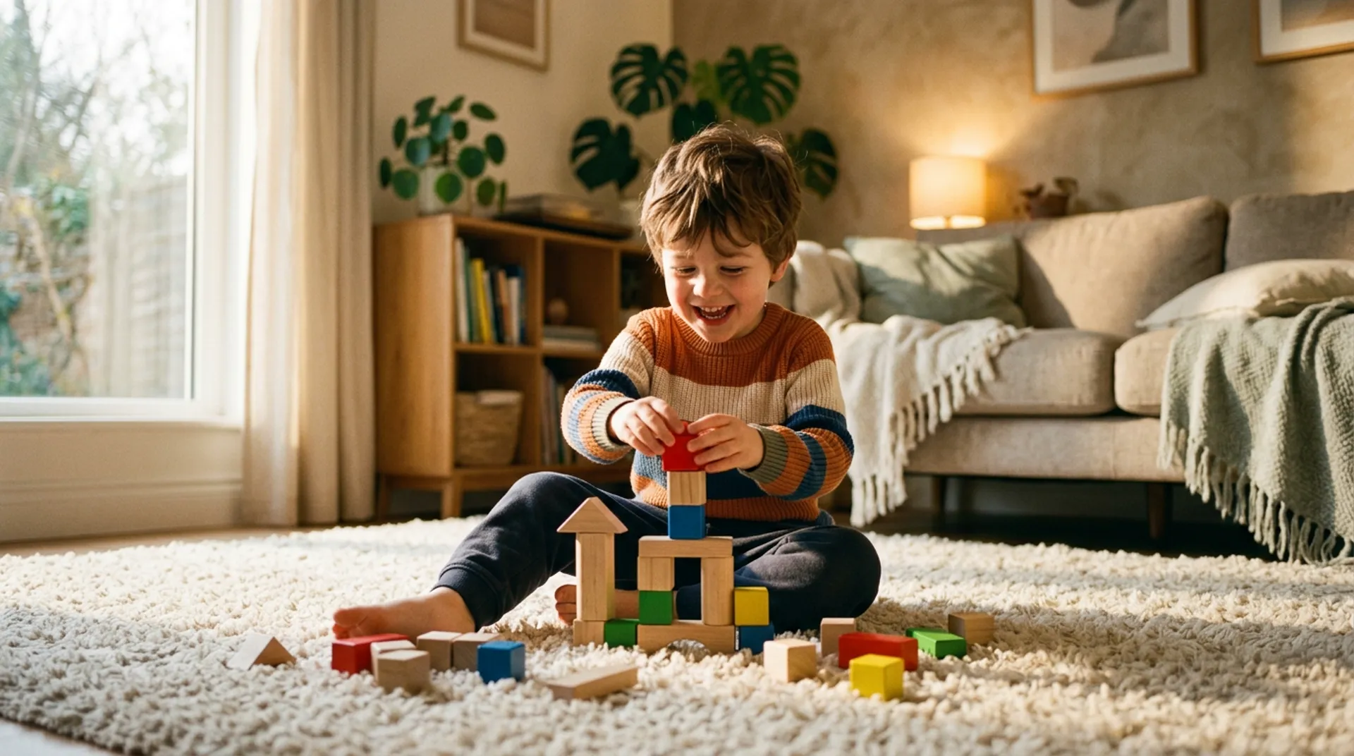 Child happily playing on soft stain-resistant carpet in family living room