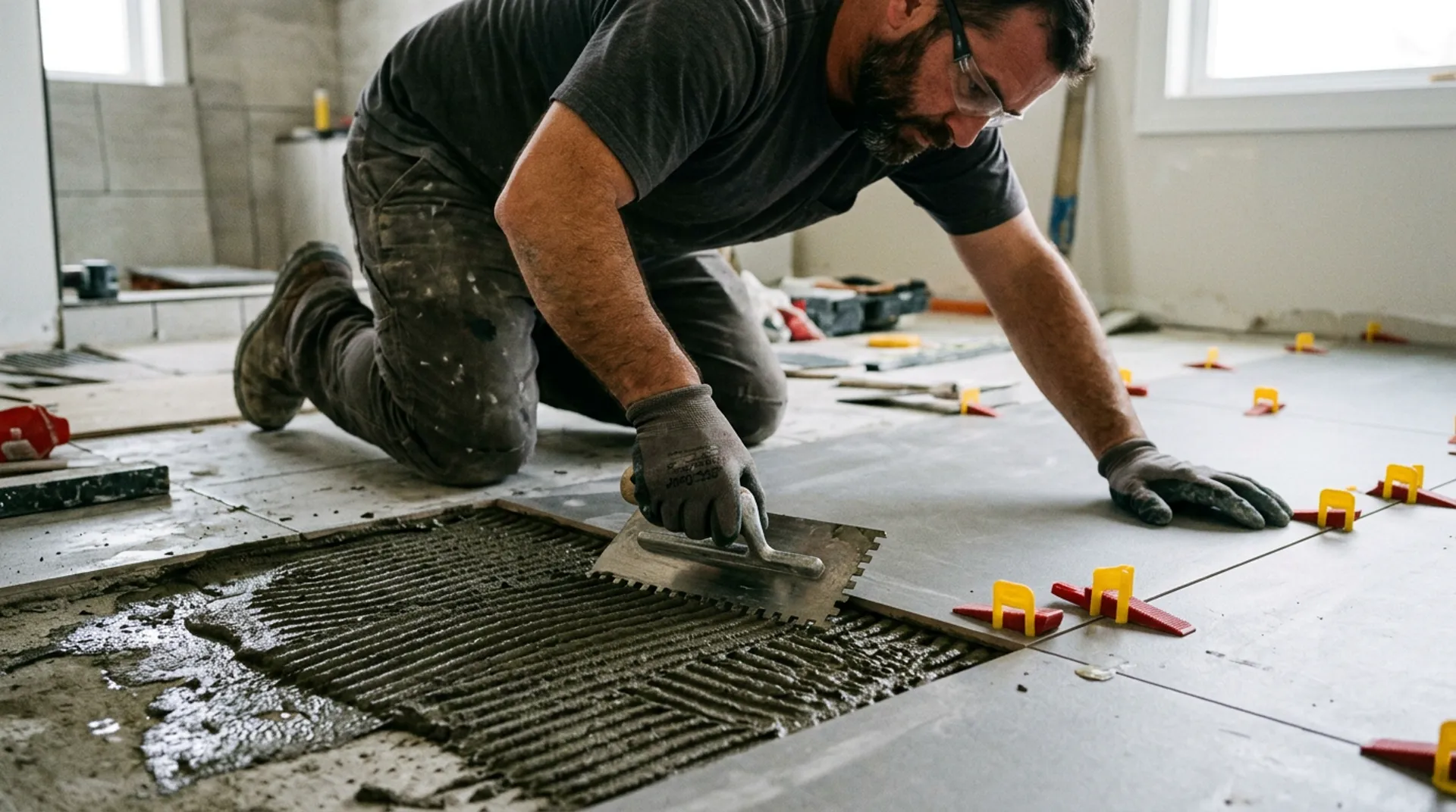 Tile installer setting large format porcelain floor tile with mortar