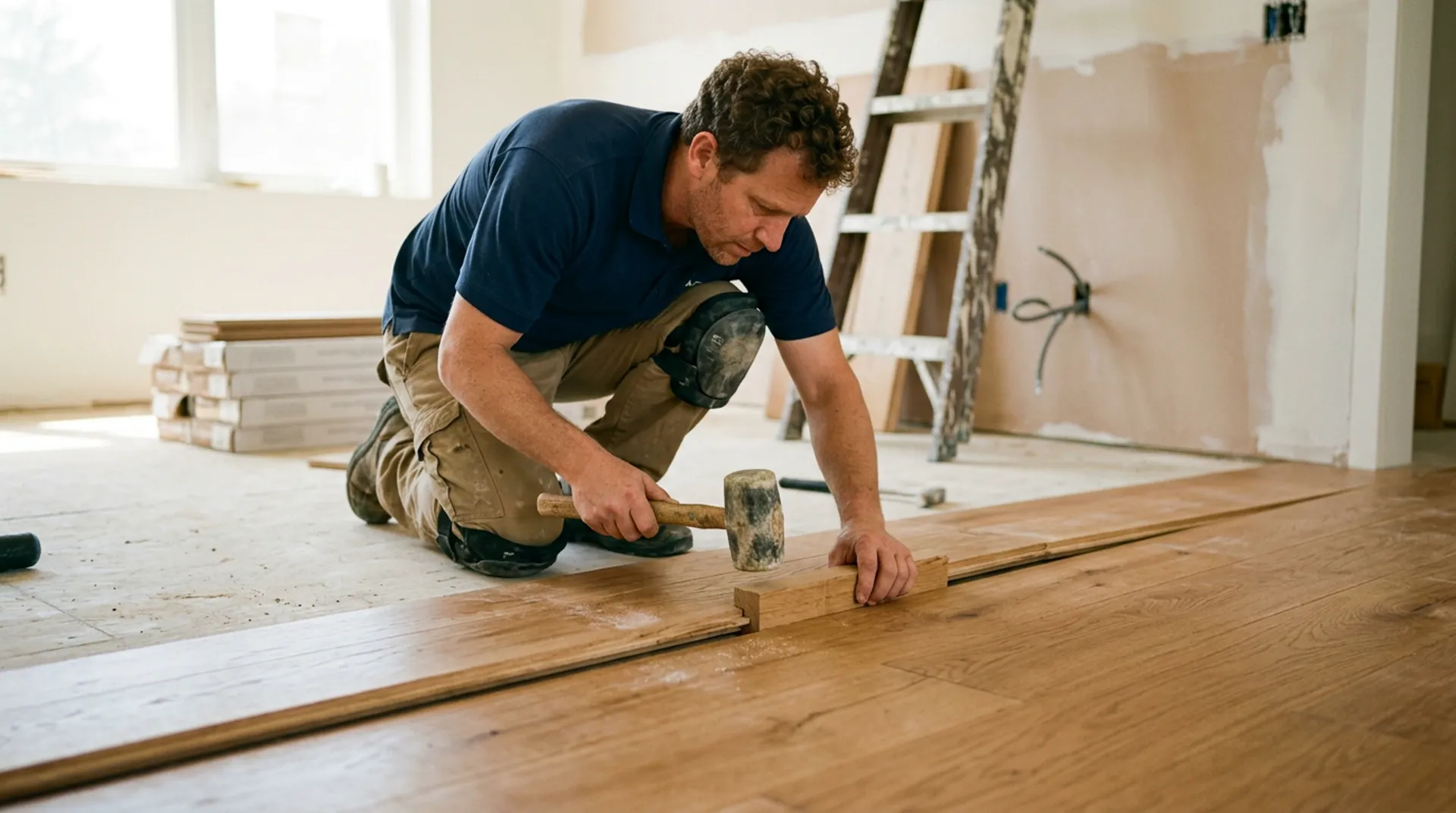 Hardwood floor specialist installing interlocking oak wood planks
